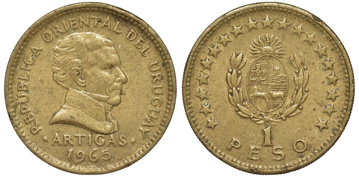 Уругвай 1 песо 1965 KM 46 алюминиевая бронза 190-1123