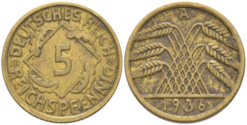 ГЕРМАНИЯ 5 РЕЙХСПФЕННИГОВ 1936 А KM 39, J. 316, Weege 7 алюминиевая бронза 3309-1254