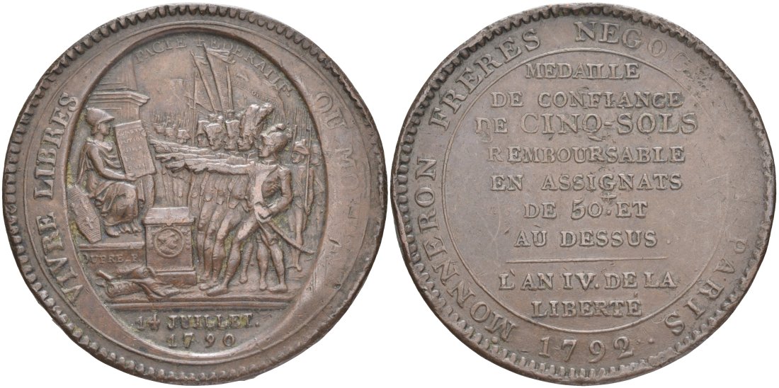 Франция 5 солей (су) 1792 LAN 4, революции, токен, VIVRE LIBRAS OU MOURIR ("Жить свободным или умереть", MONNERON FRERES NEGOCIANS A PARIS (Торговцы братья Моннерон. Париж). KM Tn31, Guilloteau 291, Mazard 145 бронза 4552-1012