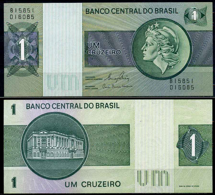 Бразилия 1 крузейро ND (1980) серия В 15851, подпись 20, голова свободы, здание Центрального банка Pick 191 Ac бумага UNC (пресс) 2196-4-2-1