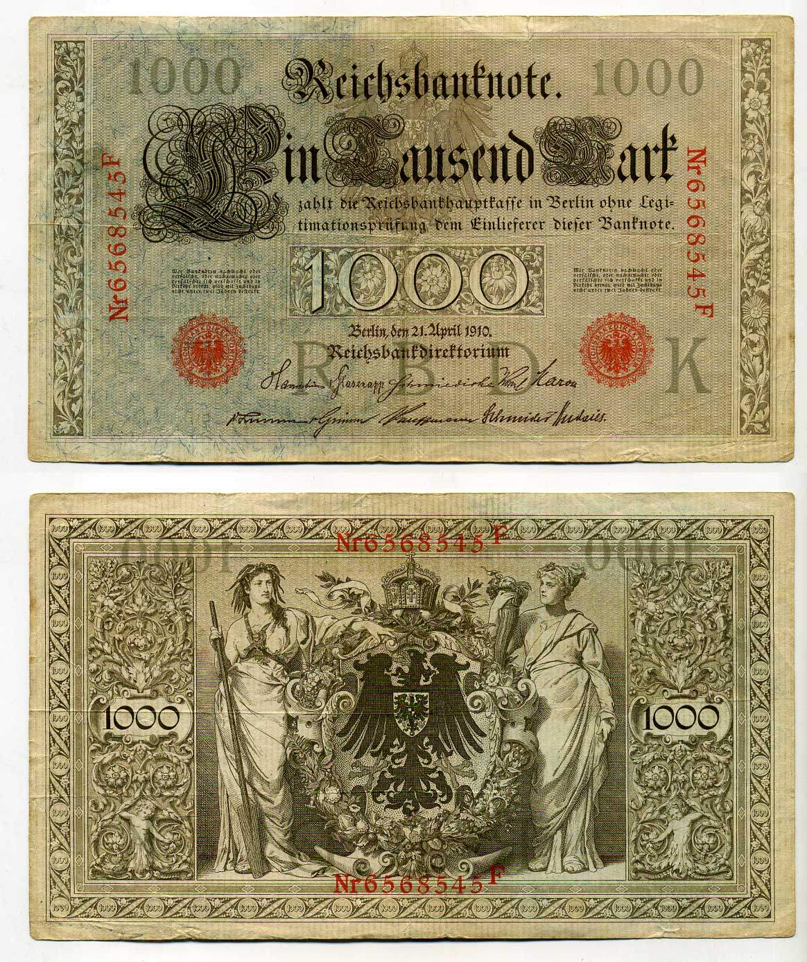 Германия 1000 марок 1910 красная печать, 7 значный номер Pick 44 b  бумага   8610-36-1-2