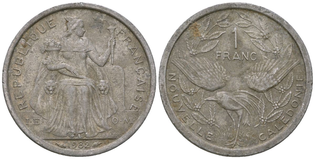 Французская Новая Каледония 1 франк 1982 птица кагу, (IEOM) KM 10, Schoen 10, Lec 45 алюминий    51-1924