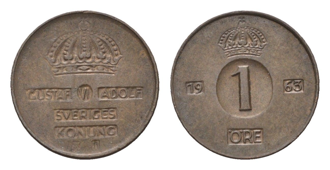 Швеция 1 эре 1963 TS, Густав VI Адольф (1950-1973) KM 820 бронза 4614-618