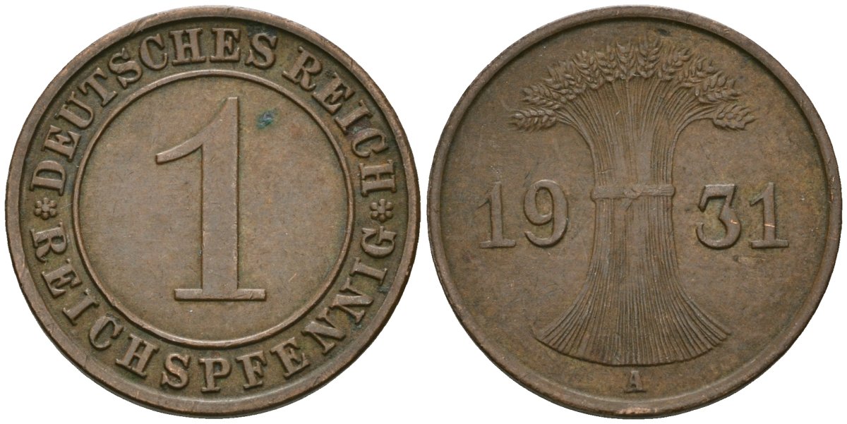 Германия 1 рейхспфенниг 1931 A KM 37, J. 313 бронза 4189-1137