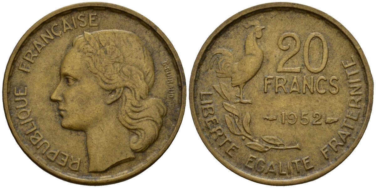 Франция 20 франков 1952 KM 917 алюминиевая бронза 4601-736