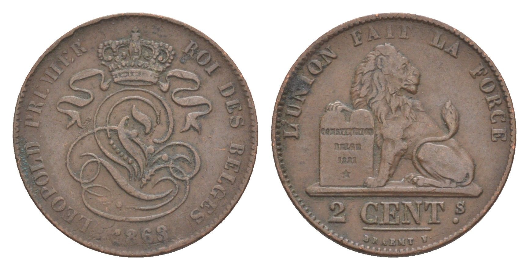 Бельгия 2 сантима 1863 Леопольд I (1831-1865) KM 4 медь 4615-635