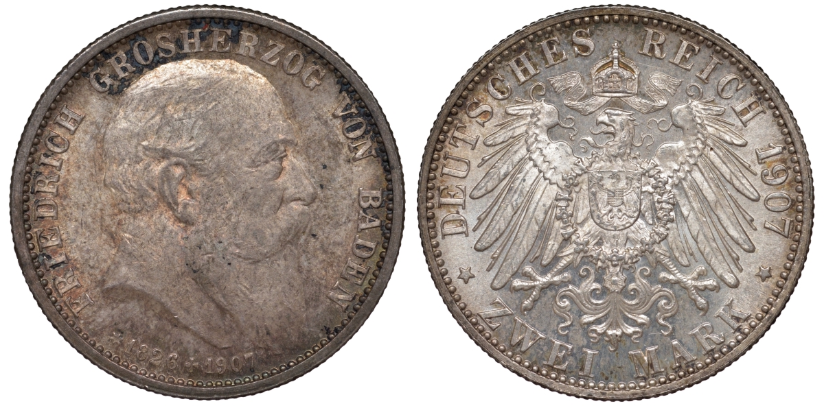 Баден 2 марки 1907 G, на смерть Фридриха I (1856-1907), Weege 36, J. 36, KM 278 серебро UNC 00-822-42