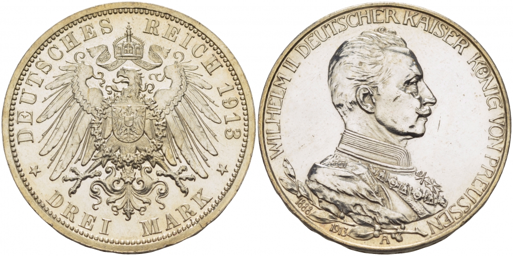 Пруссия 3 марки 1913 Вильгельм II (1888-1918) в мундире, тираж 6000 экземпляров KM 535, J. 112 серебро PROOF 00-809-46
