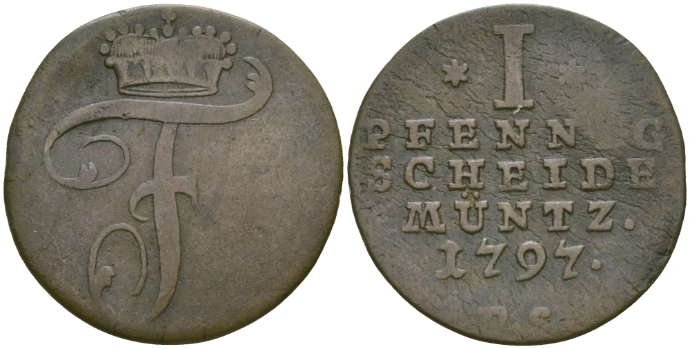 Вальдек-Пирмонт 1 пфенниг 1797 PS KM 42 медь 99-815