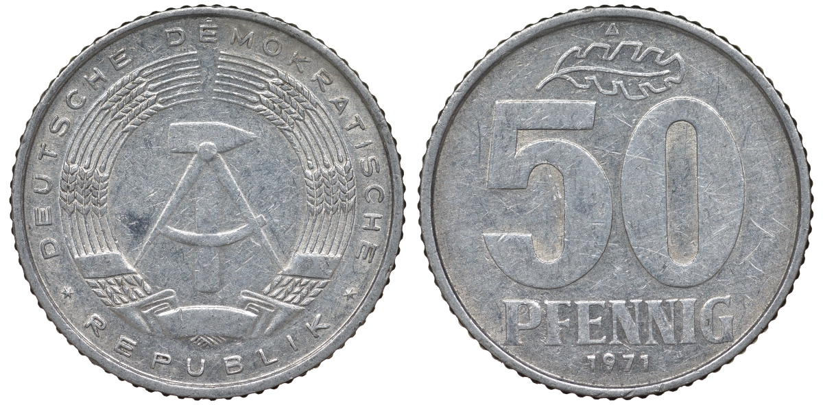 ГДР 50 пфеннигов 1971 A KM 12.2 алюминий 62-646