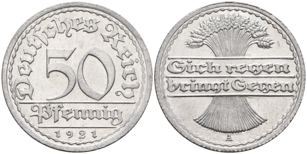 Германия 50 пфеннигов 1921 A KM 27, J.301, Weege 10 алюминий UNC 4584-843