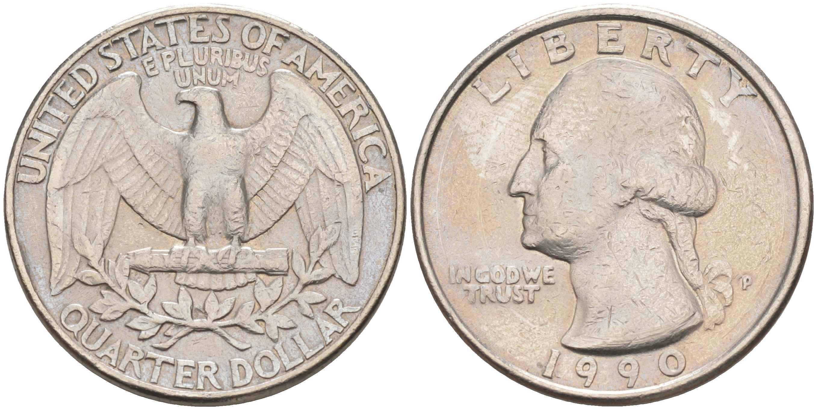 США 25 центов = квотер 1990 P, Вашингтон KM А164a медь плакированная медно-никелем 190-411