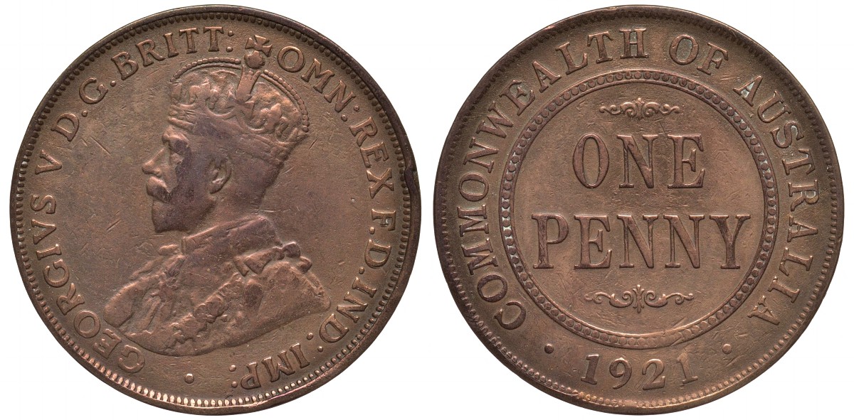 АВСТРАЛИЯ 1 ПЕННИ 1921 ГЕОРГ V KM 23 бронза 189-425