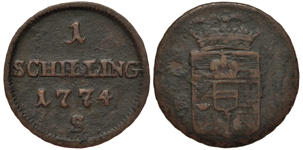 Польша, Галиция и Лодомерия 1 шиллинг 1774 S, Станислав II Август Понятовский (1764-1795), вес 1,44 гр., SCHMOLLNITZ MINT KM 1, Herinek 1652 медь 1516-1115