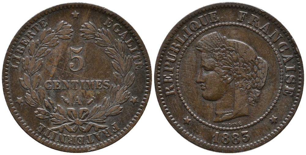 ФРАНЦИЯ 5 САНТИМОВ 1883 А, ТРЕТЬЯ РЕСПУБЛИКА (1871-1940) KM 821.1, LE FRANC 118.25 бронза 83-131