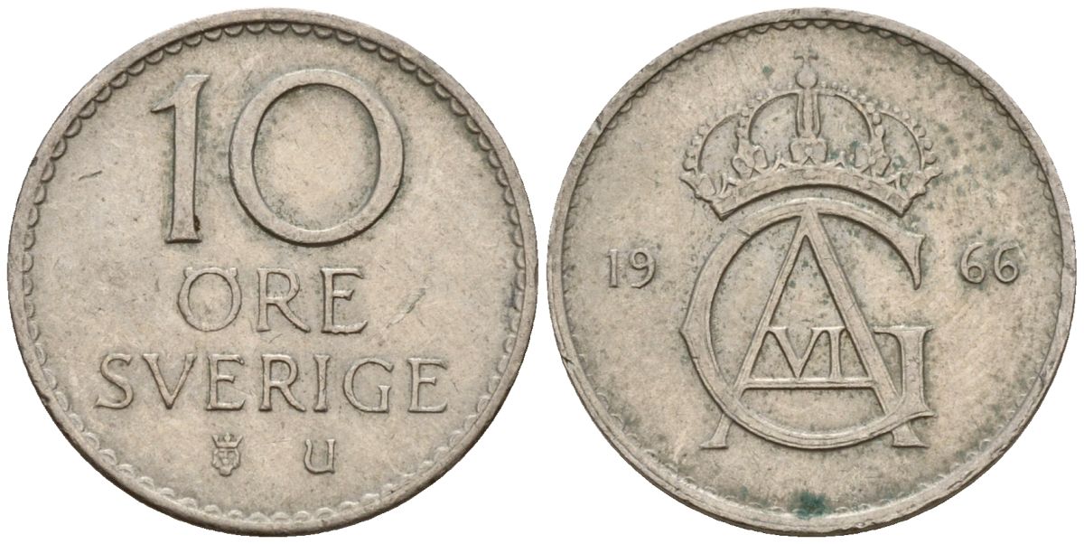 Швеция 10 эре 1966 Густав VI Адольф (1950-1973) KM 835 медно-никель 4152-444