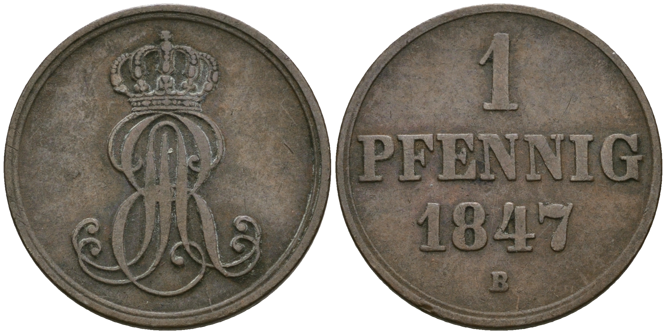 Ганновер 1 пфенниг 1847 B, Эрнст Август (1837-1851) KM 201.1, AKS 129, J. 74 медь 08-1339