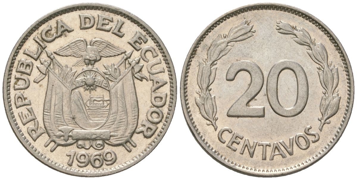 Эквадор 20 сентаво 1969 KM 77.1c сталь плакированная никелем 4611-713