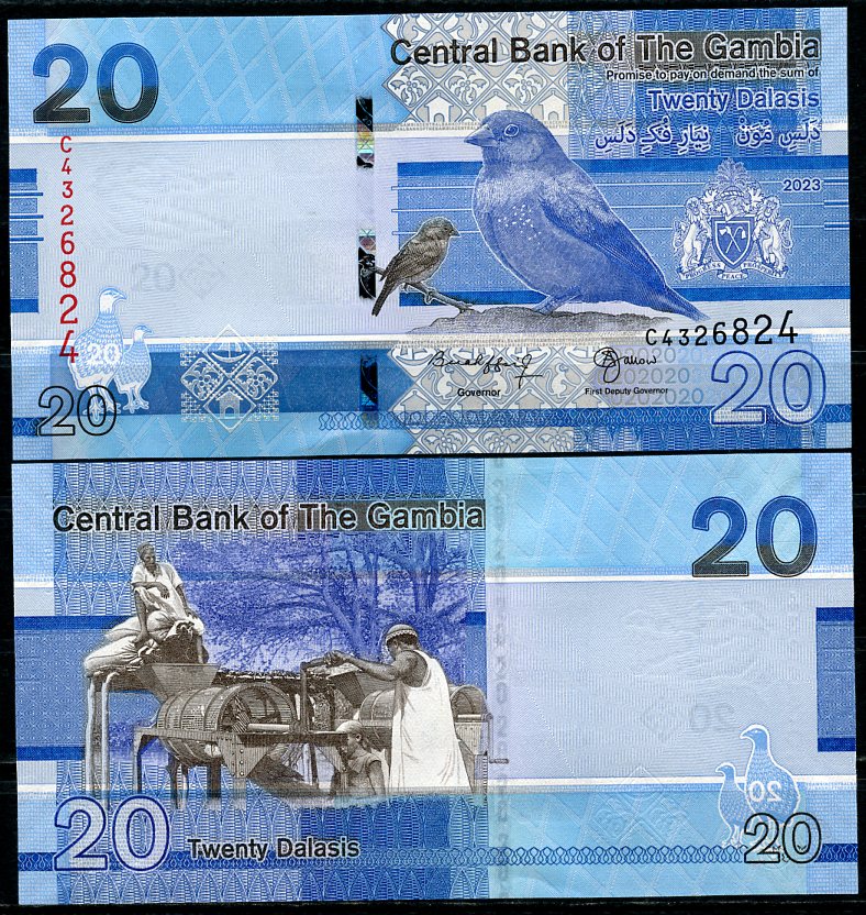Гамбия 5, 10, 20, 50, 100 и 200 даласи 2023 серия птиц Pick 37, 38, 39, 40, 41, 42  бумага  UNC (пресс) 448-14-1-2