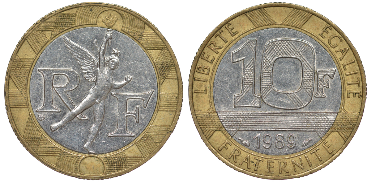 Франция 10 франков 1989 тип гений Бастилии KM 964.1, Le Franc 375.3 биметалл  45-643