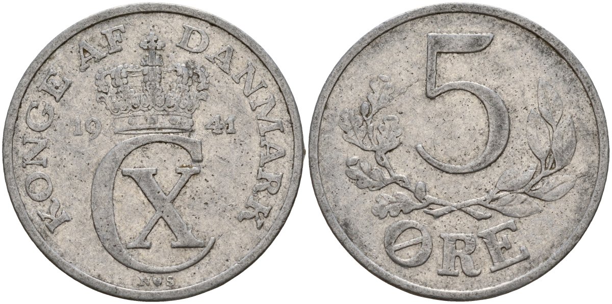 Дания 5 эре 1941 N; S, Кристиан X (1912-1947) KM 834 цинк 4156-1032