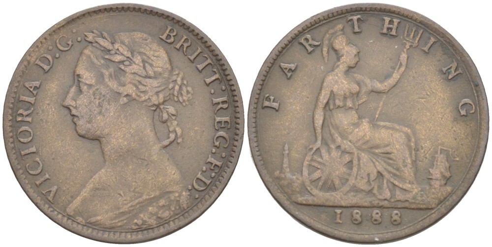 Великобритания 1 фартинг 1888 Виктория (1837-1901) KM 753, Spink 3958 бронза 4543-923