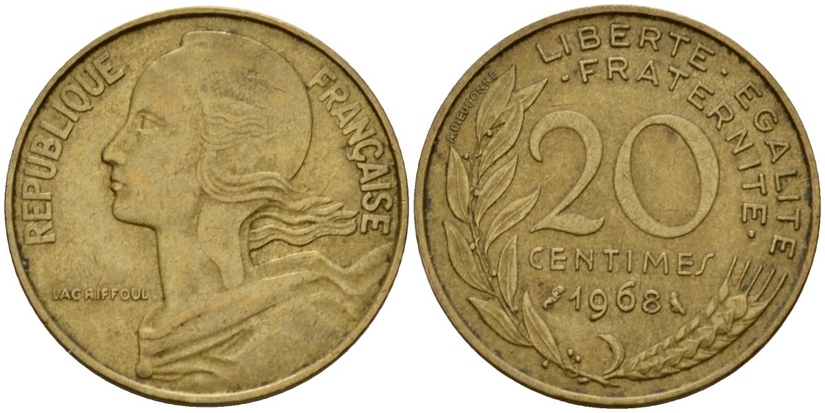 Франция 20 сантимов 1968 тип Marianne KM 930 алюминиевая бронза 4390-1123