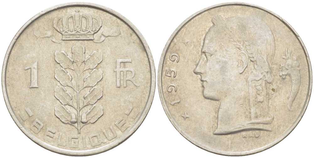 БЕЛЬГИЯ 1 ФРАНК 1959 BELGIQUE, БОДУЭН I (1951-1993) KM 142.1 медно-никель 213-512