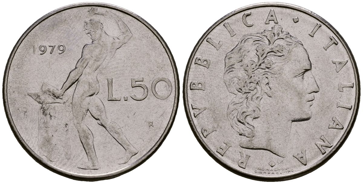Италия 50 лир 1979 KM 95.1 нержавеющая сталь 4176-247
