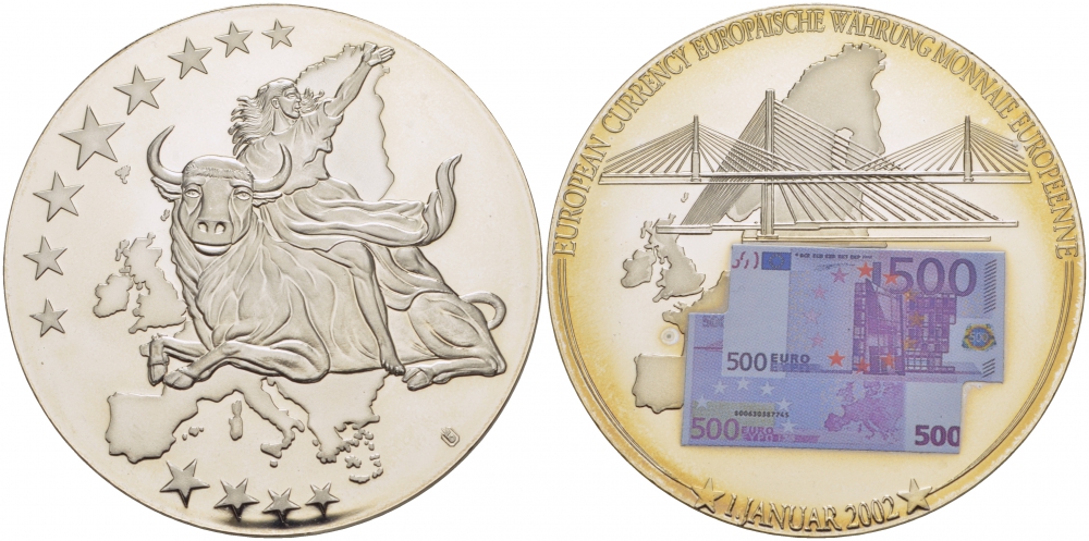НИДЕРЛАНДЫ МЕДАЛЬ 2002 ПОХИЩЕНИЕ ЕВРОПЫ, КУПЮРА 500 ЕВРО, СЕРЕБРЕНИЕ, ЦВЕТНАЯ ЭМАЛЬ, ДИАМЕТР 50 ММ. ВЕС 54 ГР. медно-никель PROOF 01-237-43