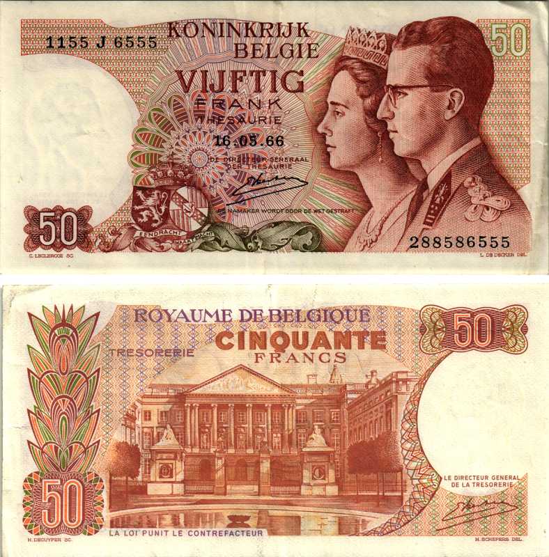 БЕЛЬГИЯ 50 ФРАНКОВ 1966 16 МАЯ 1966, ПОДПИСЬ 20 Pick 139 бумага 8606-54-1-1