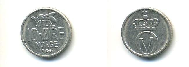 НОРВЕГИЯ 10 ЭРЕ 1969 ПЧЕЛА KM 411 медно-никель 80-855