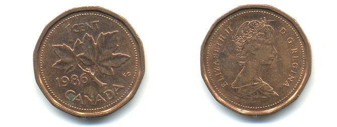 Канада 1 цент 1986 Елизавета II (1952-2022), кленовый лист KM 132 бронза 177-1417