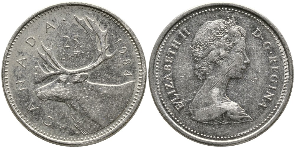 КАНАДА 25 ЦЕНТОВ 1984 ЕЛИЗАВЕТА II (1952-), ОЛЕНЬ, ВТОРОЙ ПОРТРЕТ В КОРОНЕ KM 74 никель 4543-746