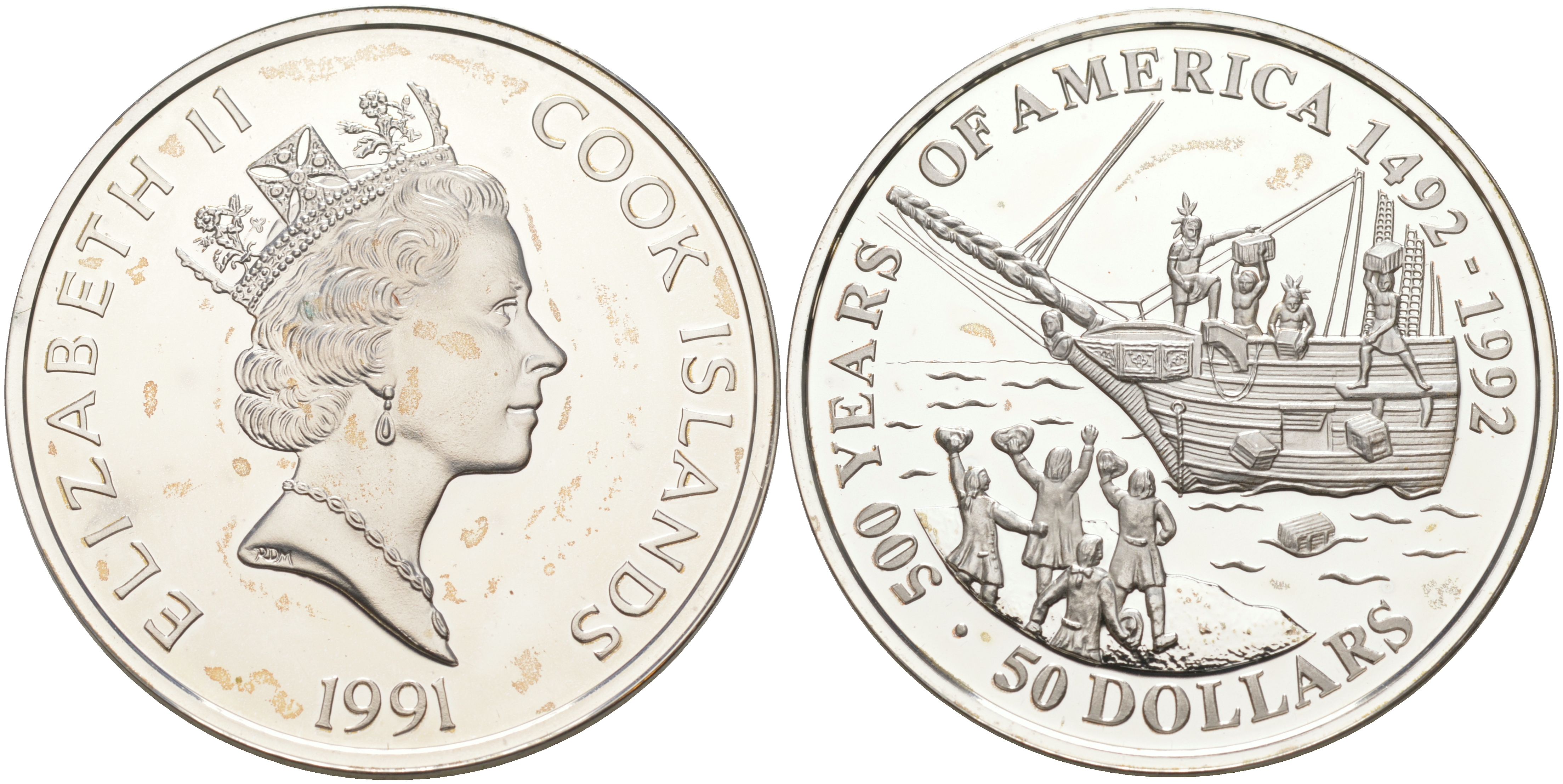 ОСТРОВА КУКА 50 ДОЛЛАРОВ 1991 500 ЛЕТ ОТКРЫТИЮ АМЕРИКИ, БОСТОНСКОЕ ЧАЕПИТИЕ, ВЕС 31,1035 ГР. KM 192 серебро PROOF 1074-7-32