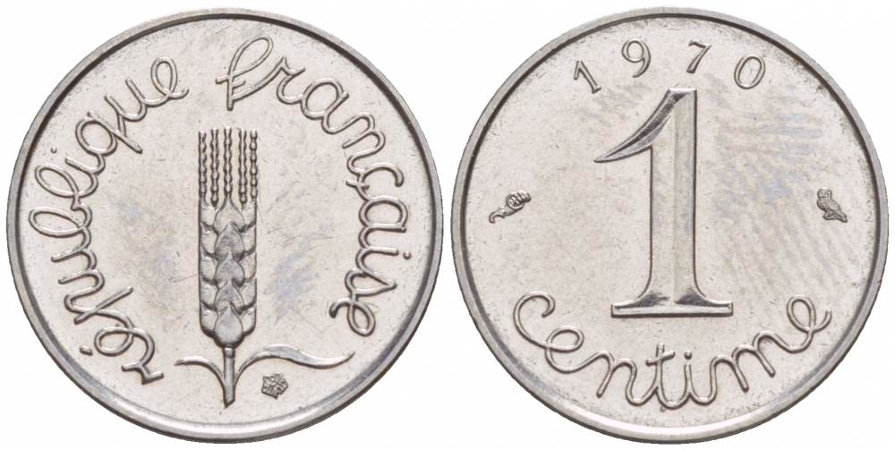 ФРАНЦИЯ 1 САНТИМ 1970 KM 928 хромированная сталь 4547-1126