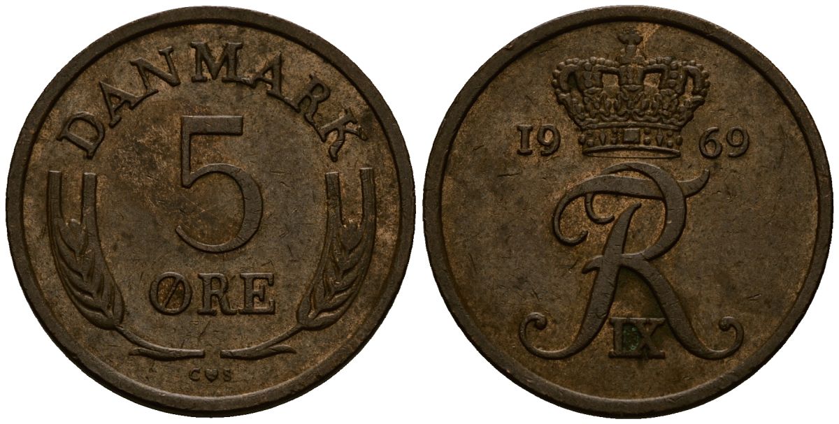 Дания 5 эре 1969 Фредерик IX (1947-1972) KM 848 бронза 4176-543