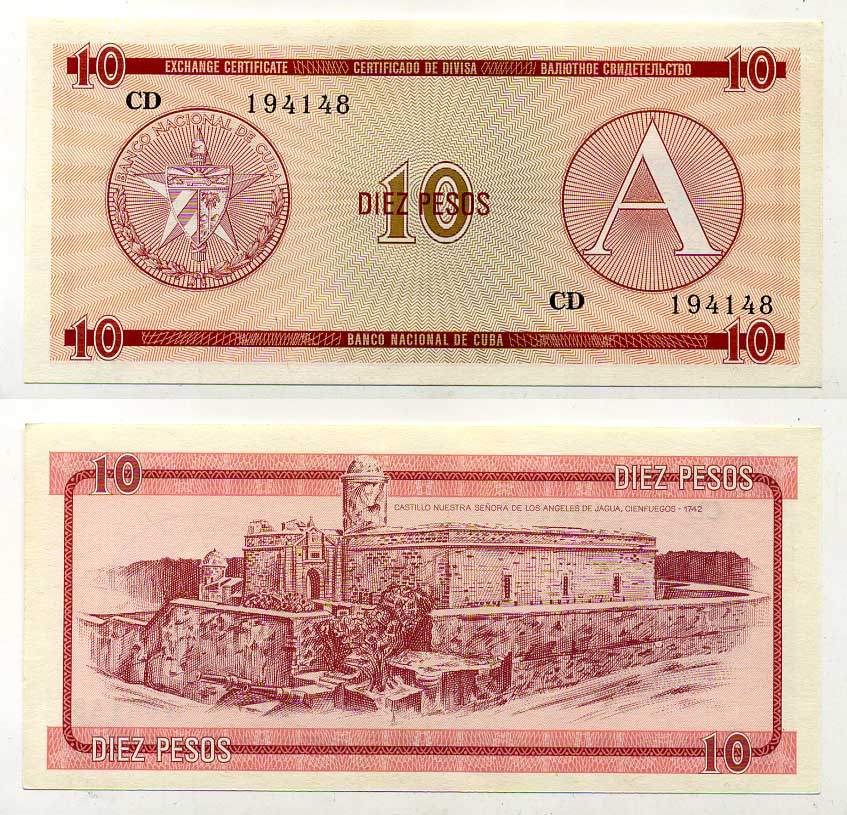 Куба, валютный сертификат 10 песо ND (1985) серия A, красная Pick FX 4 бумага UNC (пресс) 8615-1-1-2