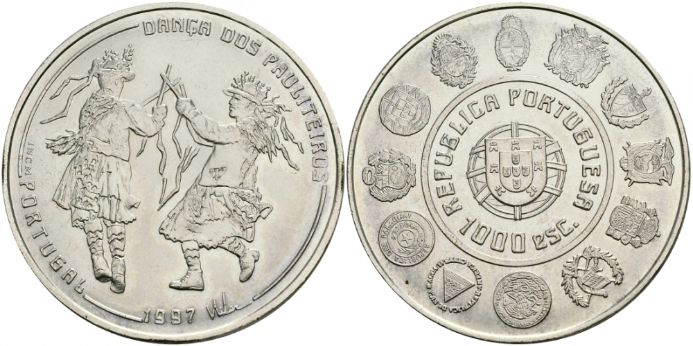 Португалия 1000 эскудо 1997 танец Политейрош KM 704 серебро UNC 3896-145