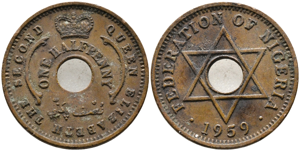 Нигерия 1/2 пенни 1959 Елизавета II (1952-), Британский протекторат KM 1 бронза 4387-263