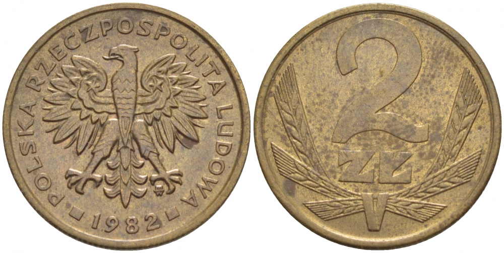 ПОЛЬША 2 ЗЛОТЫХ 1982 MW KM 80.1 латунь 4532-119