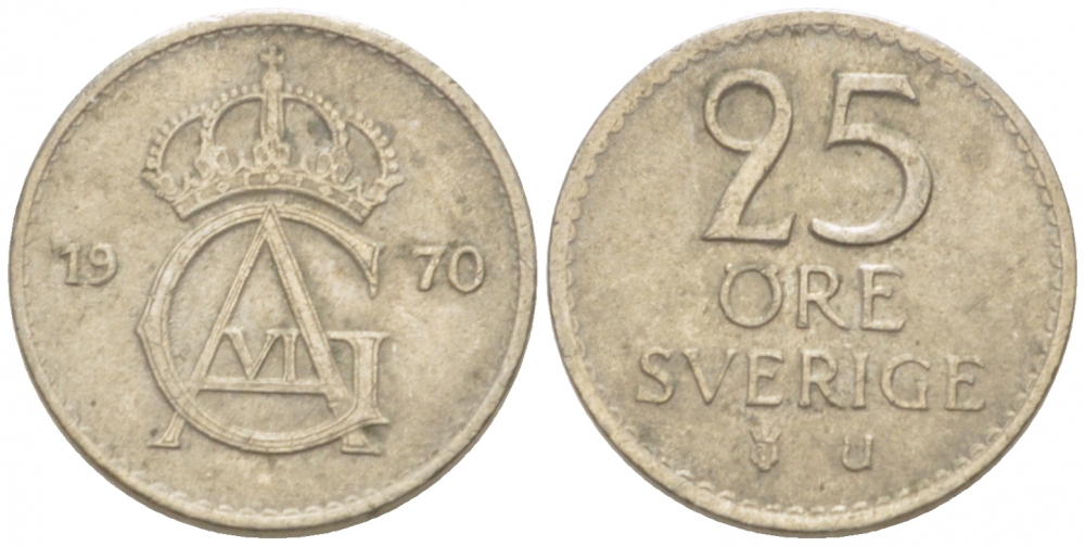 Швеция 25 эре 1970 U Густав VI Адольф (1950-1973) KM 836 медно-никель 3955-363