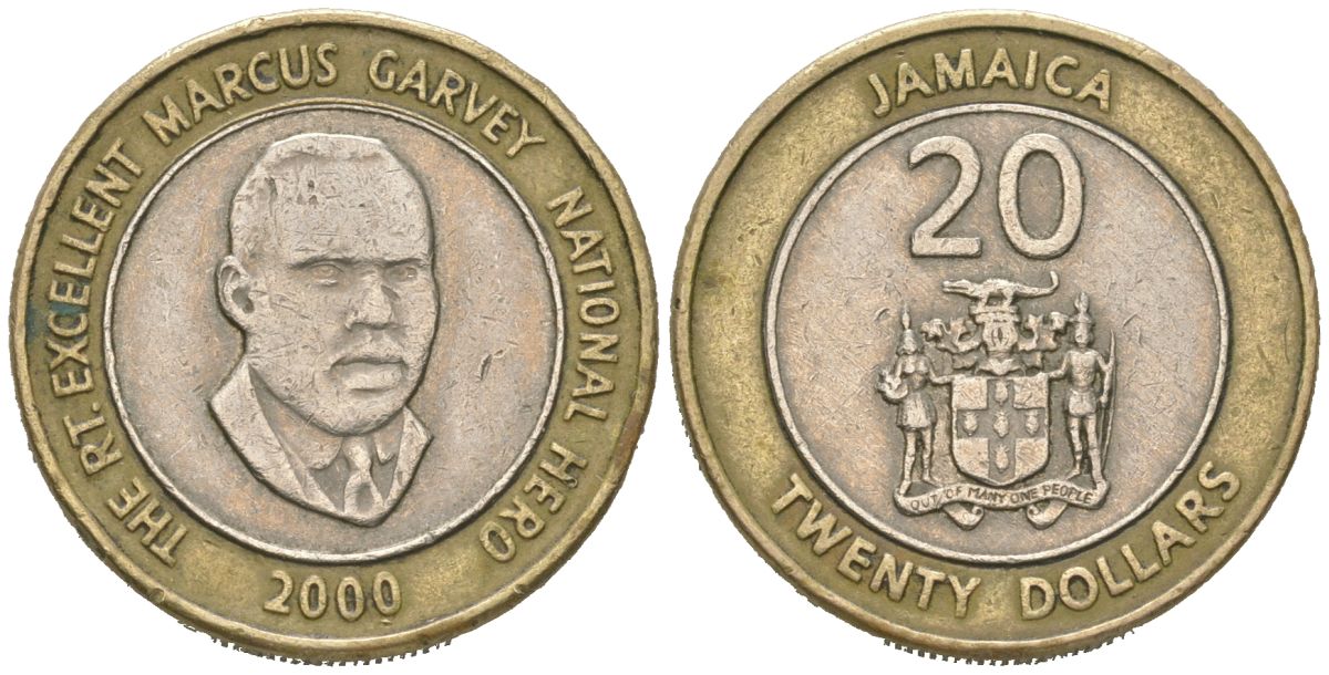 Ямайка 20 долларов 2000 KM 182 биметалл 4616-1217