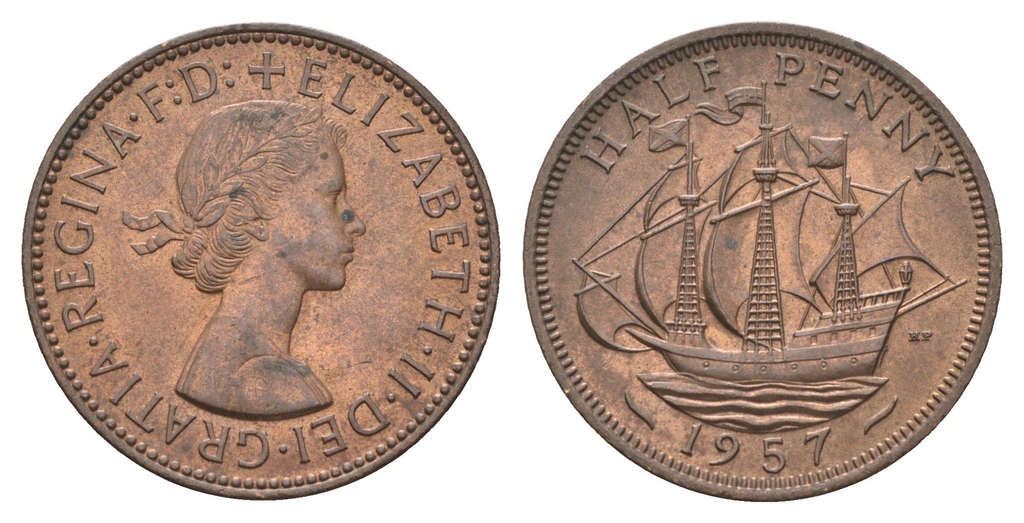 Великобритания 1/2 пенни 1957 Елизавета II (1952-2022) KM 896, Spink 4158 бронза aUNC 4662-1143