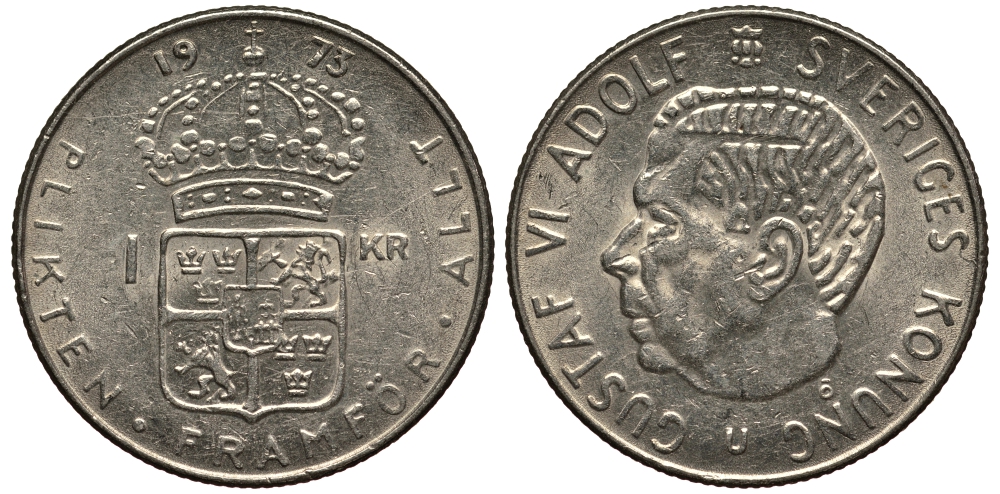 Швеция 1 крона 1973 Густав VI Адольф (1950-1973) KM 826а медь плакированная медно-никелем VF 4182-613