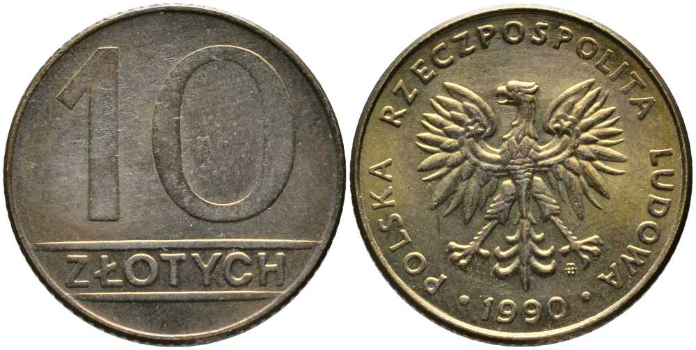 Польша 10 злотых 1990 MW, Народная Республика KM 152.2, Parchimowicz 244b латунь 110-827