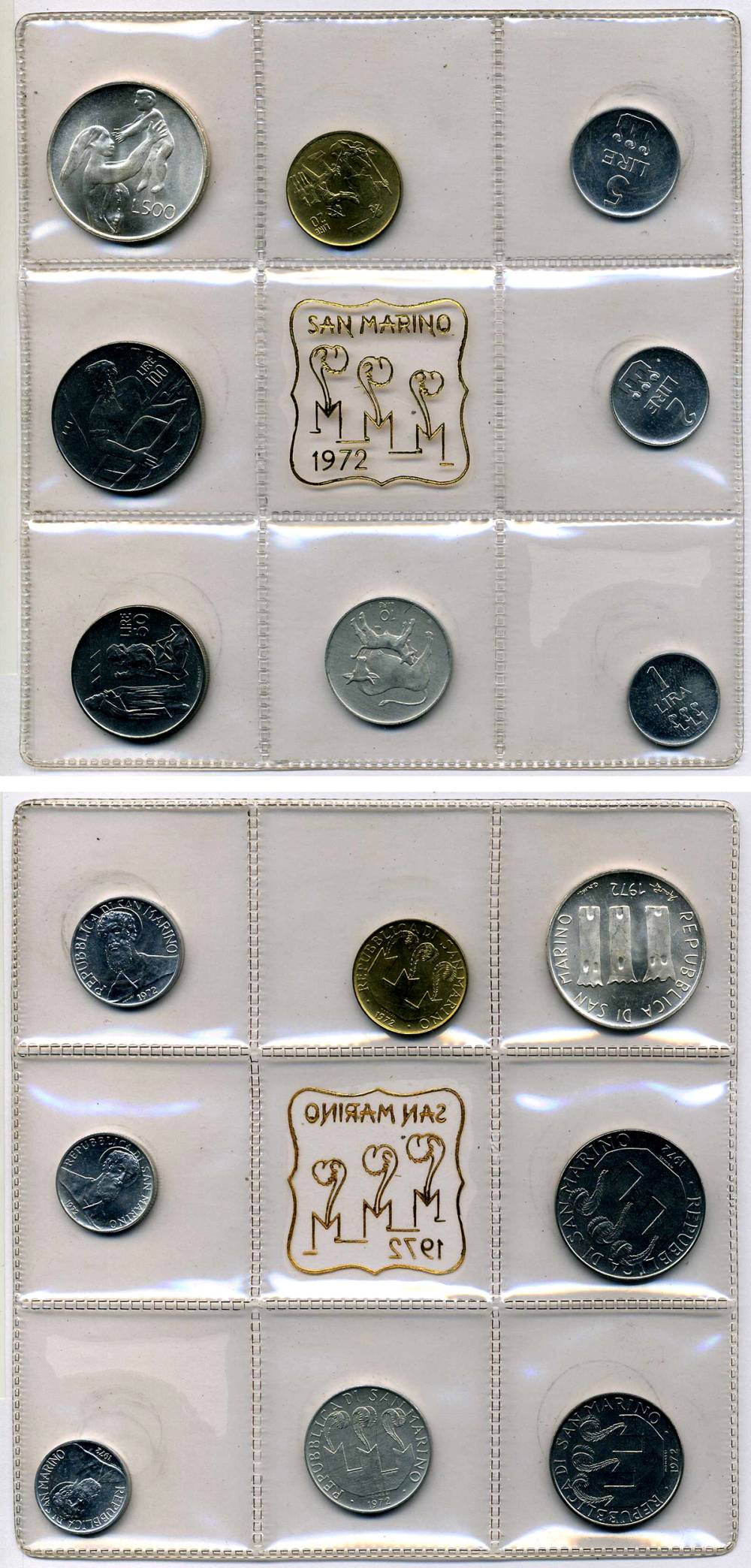 Сан-Марино годовой набор из 8 монет 1972 1, 2, 5, 10, 20, 50, 100 и 500 лир мать поднимает ребенка в воздух KM 14-21, в оригинальной пластиковой запайке серебро KM MS1 серебро UNC 3-4-5-5