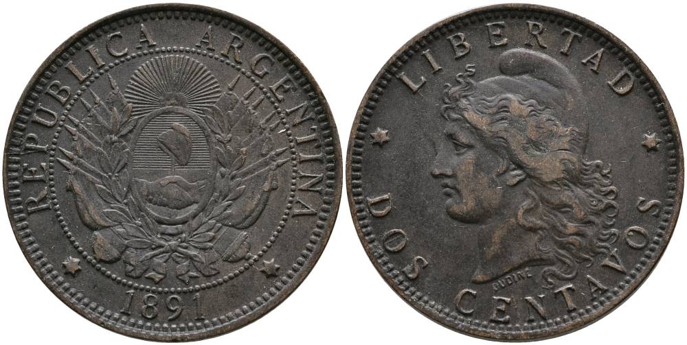 Аргентина 2 сентаво 1891 голова свободы влево KM 8 бронза 4531-1046