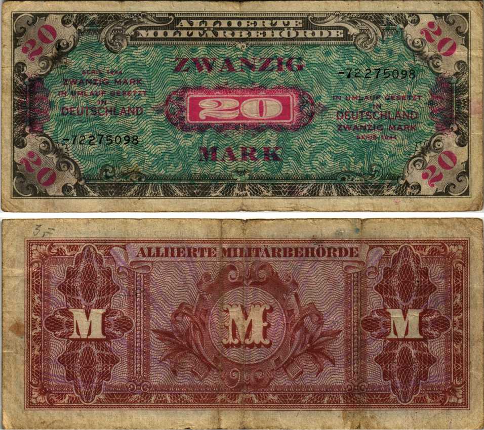 Германия, оккупация союзниками 20 марок 1944 ВОСЕМЬ ЦИФР В НОМЕРЕ СЕРИИ, F, ВТОРАЯ МИРОАЯ ВОЙНА ОККУПАЦИЯ ГЕРМАНИИ, ЦЕНА ПО КРАУЗЕ 260 Pick 195с, Розенберг 204b бумага VF 7183-11-3-1