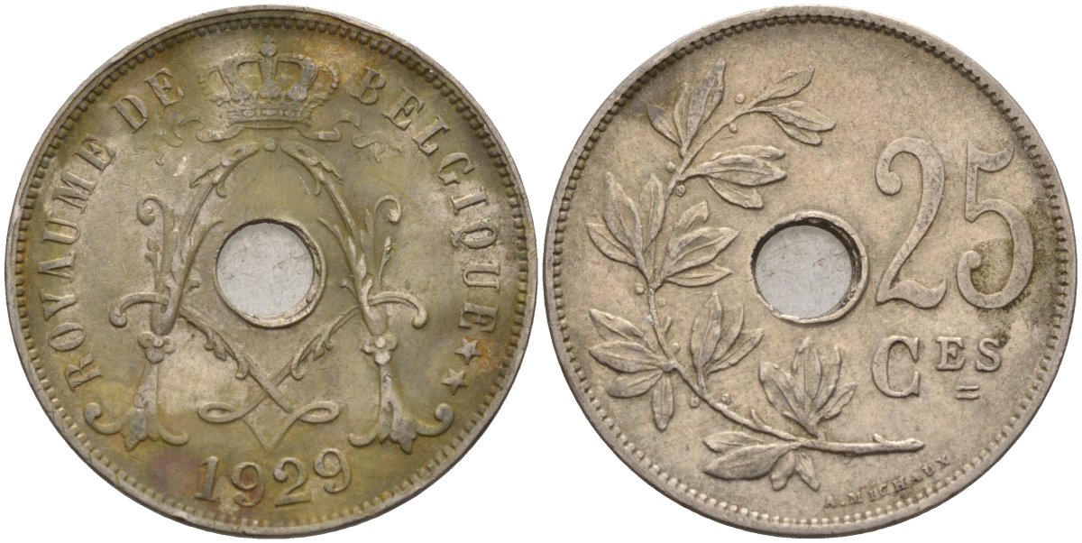 Бельгия 25 сантимов 1929 BELGIQUE KM 68 медно-никель 4117-1136